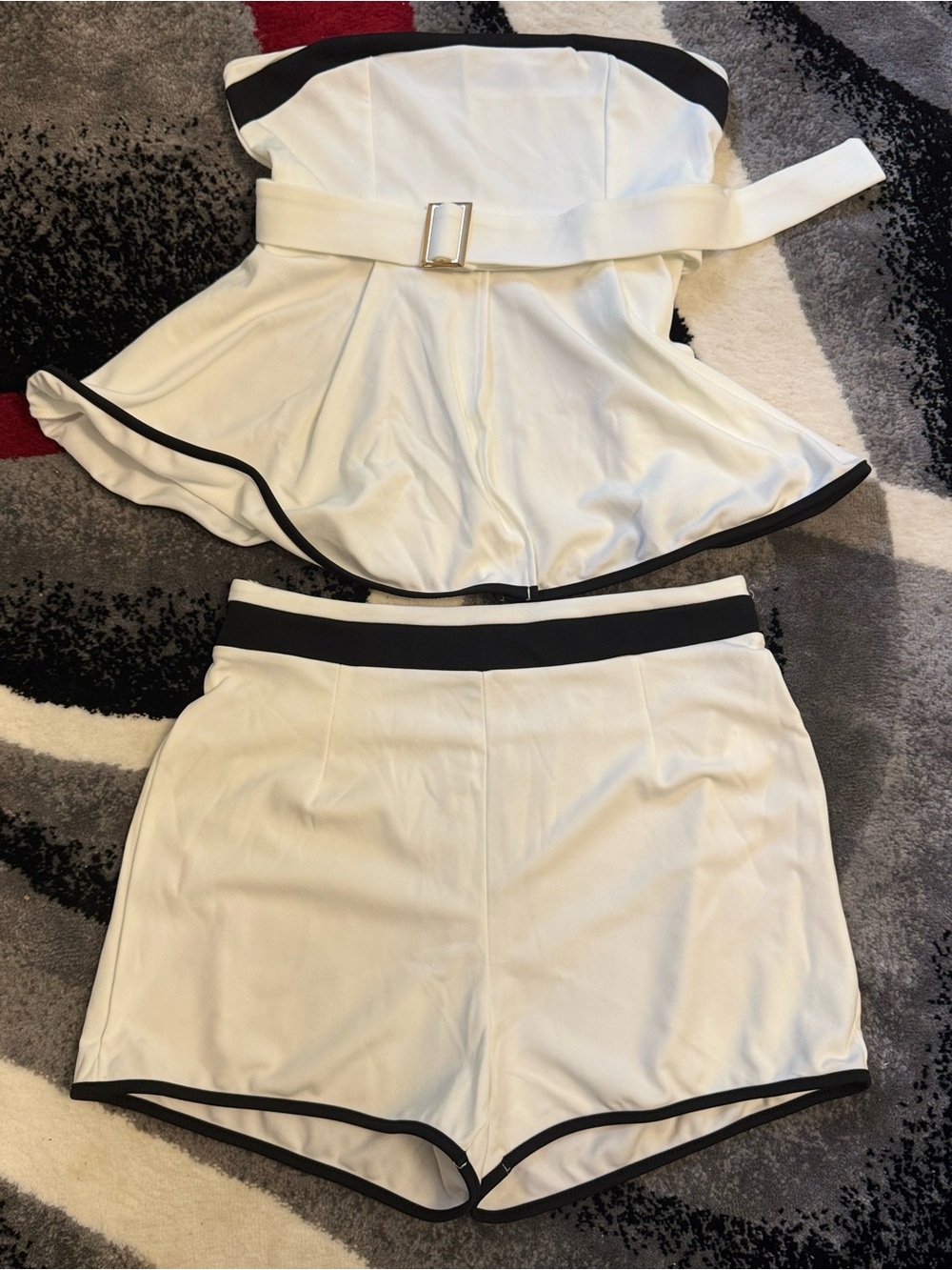 White Strapless Short Set with Black Trim - Picture 3 of 4